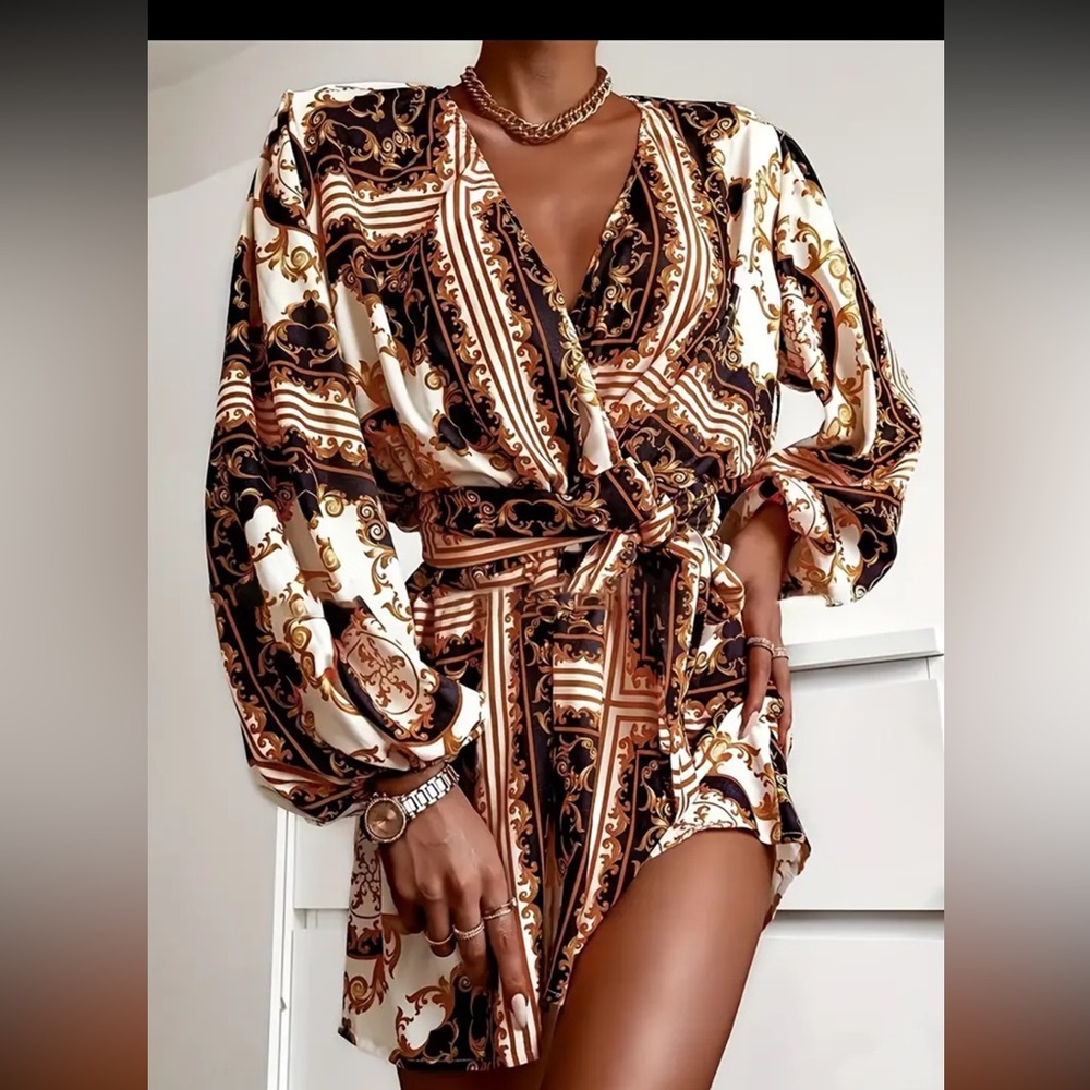 Baroque Floral Print, Boho, Long Sleeve V Neck Mini Dress, Tunic, tie belt Sz L